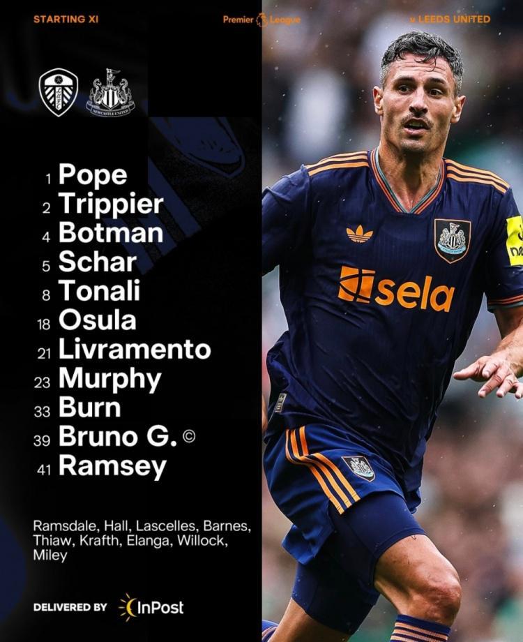 纽卡公布对阵利兹联首发：托纳利领衔，伊萨克继续缺战